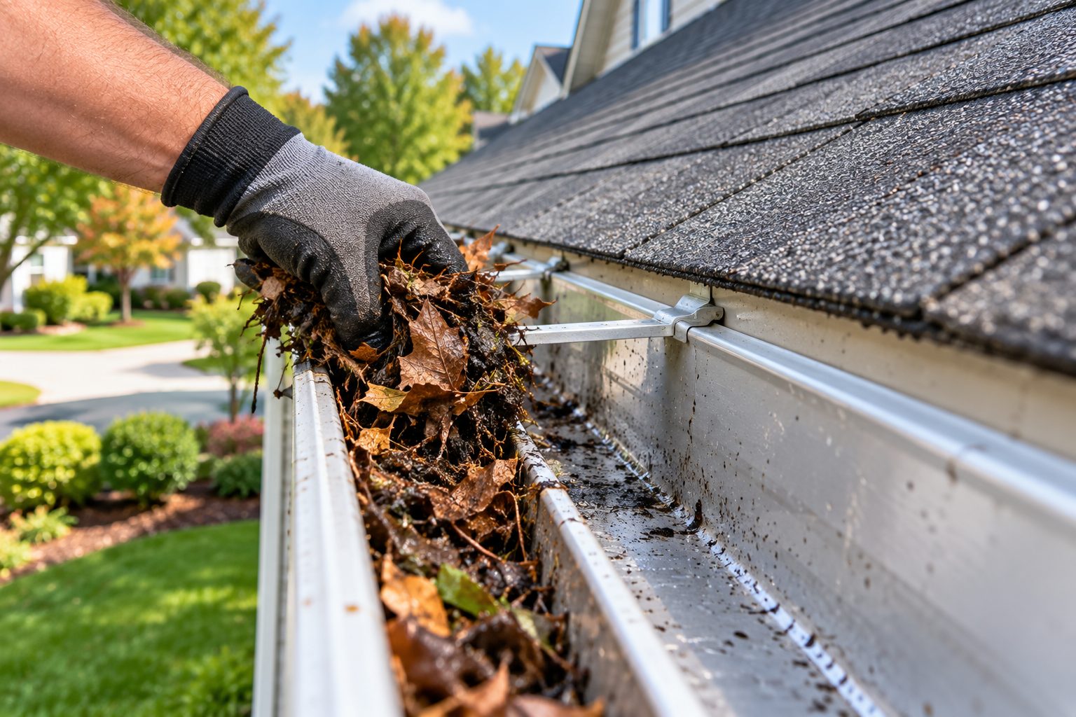 Hand-cleaning a gutter packed with debris in Wellington