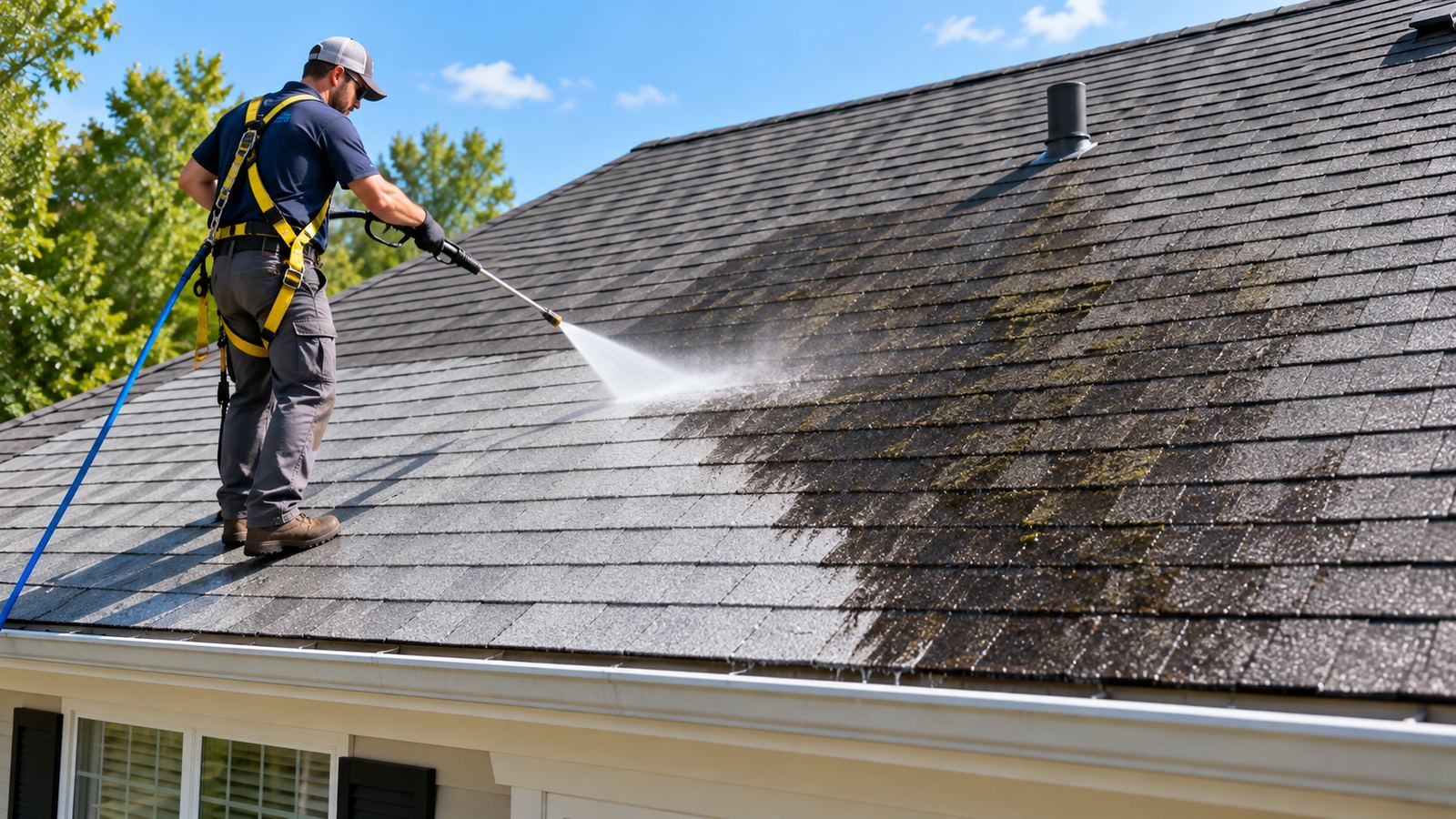 Roof cleaning removing dark algae streaks from a Wellington roof